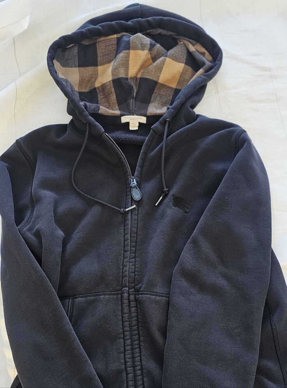 Burberry Navy Zip-Up Hoodie with Plaid Lining
